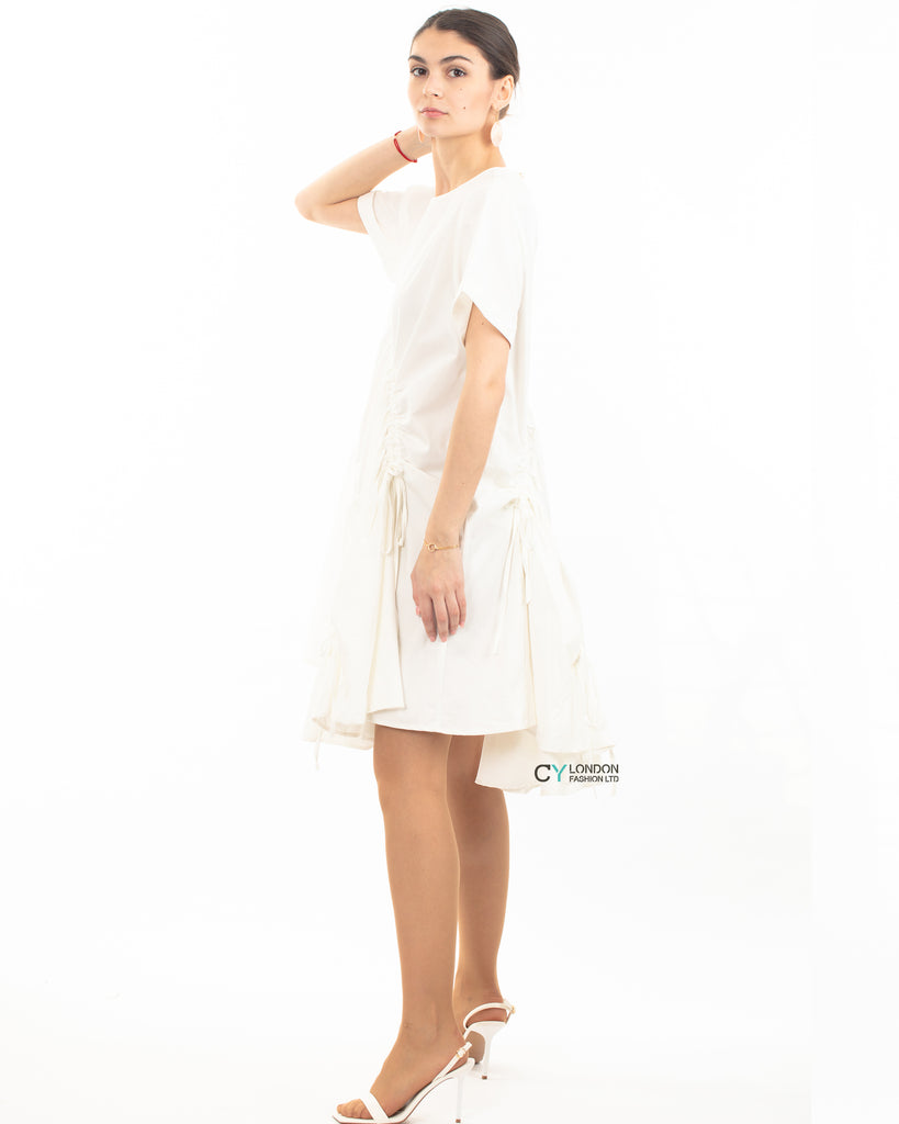 Asymmetry with adjustable ties design cotton blend dress in white