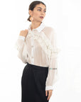Pleated ruffles with multi dimoned stone embellished sleeves design organza shirt in white