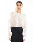 Pleated ruffles with multi dimoned stone embellished sleeves design organza shirt in white