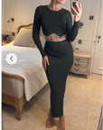 Scalloped shape knit top with diamonded chain embellish and midi skirt co-ords in green