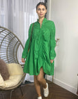 Asymmetry with Elasticated design cotton blend shirt dress in green