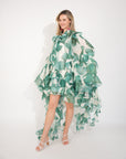 Heavy Tiered Ruffle Oversized Dress In Green Leaves' Print