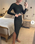 Scalloped shape knit top with diamonded chain embellish and midi skirt co-ords in green