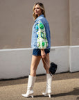 Handknit Floral Patten Sleeves Denim Jacket in Green