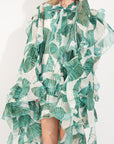 Heavy Tiered Ruffle Oversized Dress In Green Leaves' Print
