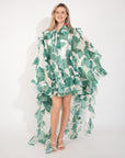 Heavy Tiered Ruffle Oversized Dress In Green Leaves' Print