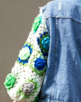 Handknit Floral Patten Sleeves Denim Jacket in Green