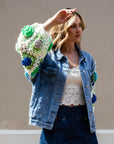 Handknit Floral Patten Sleeves Denim Jacket in Green