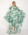 Heavy Tiered Ruffle Oversized Dress In Green Leaves' Print