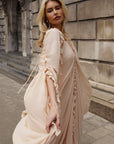 Beige Ruffle-Trim Draped Resort Dress