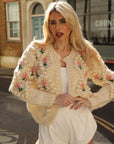 Hand-Knitted Textured Floral Cardigan In Cream
