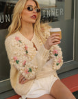 Hand-Knitted Textured Floral Cardigan In Cream