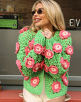 Statement Crochet Flower Cardigan – Green & Pink