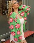 Statement Crochet Flower Cardigan – Green & Pink