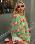 Statement Crochet Flower Cardigan – Green & Pink
