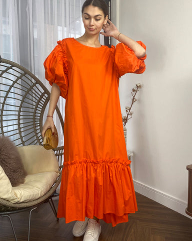 Oversized Puff Sleeves ruffle hem design Maxi dress in Orange