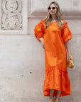 Oversized Puff Sleeves ruffle hem design Maxi dress in Orange