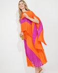 Full pleated Long sleeves vest top and skirts in orange pink color