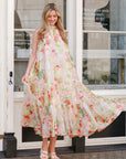 Multi floral print Organza feeling Halter neck maxi dress in Red