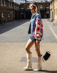 Handknit Floral Patten Sleeves Denim Jacket in Pink
