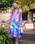 Floral Print Pleated Dress in three quarter sleeves in Purple