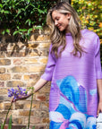 Floral Print Pleated Dress in three quarter sleeves in Purple