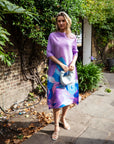 Floral Print Pleated Dress in three quarter sleeves in Purple