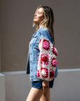Handknit Floral Patten Sleeves Denim Jacket in Pink