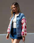 Handknit Floral Patten Sleeves Denim Jacket in Pink