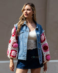 Handknit Floral Patten Sleeves Denim Jacket in Pink