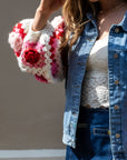 Handknit Floral Patten Sleeves Denim Jacket in Pink