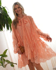 Floral Lace Long Blouseon Sleeves Design Dress In Peach orange