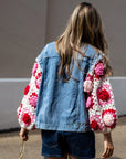 Handknit Floral Patten Sleeves Denim Jacket in Pink
