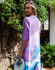 Floral Print Pleated Dress in three quarter sleeves in Purple