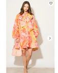 Oversized Pink Floral Print Billow Dress With Blouson Sleeves