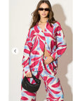 Multi-leaves' print shirt and trousers in soft linen fabric in pink