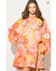 Oversized Pink Floral Print Billow Dress With Blouson Sleeves