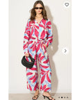 Multi-leaves' print shirt and trousers in soft linen fabric in pink