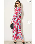 Multi-leaves' print shirt and trousers in soft linen fabric in pink