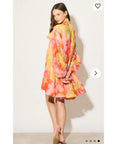 Oversized Pink Floral Print Billow Dress With Blouson Sleeves