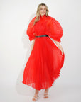 Pleated long dress with organza pleated cape sleeves in Red