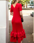 Full Pleated Ruffle Hem Maxi Dress in Red