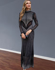 Multi Diamond Embellished long sleeves maxi dress in black