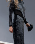 Multi Diamond Embellished long sleeves maxi dress in black