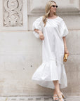 Oversized Puff Sleeves ruffle hem design Maxi dress in White