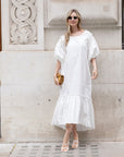 Oversized Puff Sleeves ruffle hem design Maxi dress in White