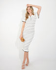 Knitted maxi dress with polo neck in Short Sleeves White colour