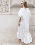 Oversized Puff Sleeves ruffle hem design Maxi dress in White