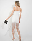 Long fringed tassel detail hem bodycon knit dress in White