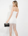 Long fringed tassel detail hem bodycon knit dress in White